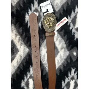 True Religion Womens Brown Floral Embossed Belt with Large Rose Buckle M/L